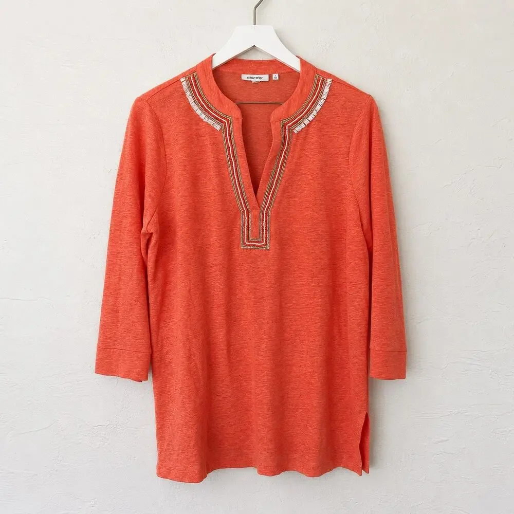 Chico's Coral Linen Tunic M Beaded Embellished Split Neck Coastal Resort Boho